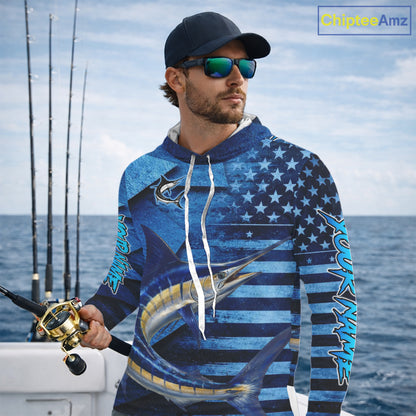 Marlin Hooded Fishing Shirts Long Sleeve With American Flag, Personalized Marlin Fishing Gift For Father Days NHT683