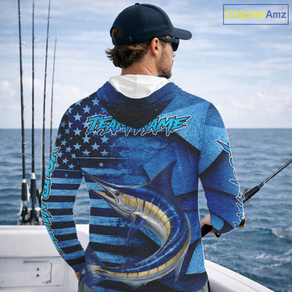 Marlin Hooded Fishing Shirts Long Sleeve With American Flag, Personalized Marlin Fishing Gift For Father Days NHT683