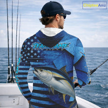 Load image into Gallery viewer, Tuna Hooded Fishing Shirts Long Sleeve With American Flag, Personalized Tuna Fishing Gift For Father Days NHT684