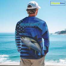 Load image into Gallery viewer, Tuna Fishing Shirts Long Sleeve With American Flag, Personalized Tuna Fishing Gift For Father Days NHT684