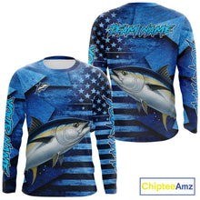 Load image into Gallery viewer, Tuna Fishing Shirts Long Sleeve With American Flag, Personalized Tuna Fishing Gift For Father Days NHT684