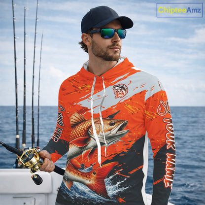 Custom Redfish Fishing Tournament Jerseys, Red Drum Orange Hooded Fishing Shirts Long Sleeve  NHT572