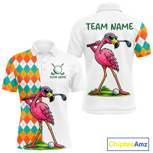 Funny Flamingo Mens Golf Polo Shirts Colorful Argyle Pattern Custom Name, Golf Gifts NBT562