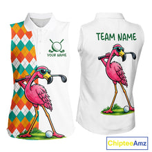 Load image into Gallery viewer, Funny Flamingo Womens Sleeveless Golf Polo Shirts Colorful Argyle Pattern Custom Name, Golf Gifts NBT562