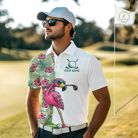 Funny Flamingo Mens Golf Polo Shirts Floral Tropical Leaf Flamingo Custom Name, Golf Gifts NBT564