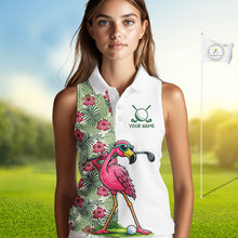 Load image into Gallery viewer, Funny Flamingo Womens Sleeveless Golf Polo Shirts Floral Tropical Leaf Flamingo Custom Name, Golf Gifts NBT564