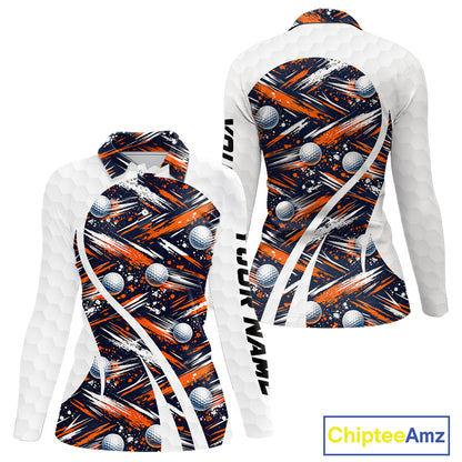 Womens Golf Polo Shirts Custom Black And Orange Golf Ball Pattern Golf Attire For Ladies, Golfer Gifts NBT573