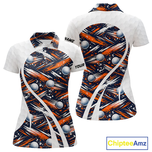 Womens Golf Polo Shirts Custom Black And Orange Golf Ball Pattern Golf Attire For Ladies, Golfer Gifts NBT573