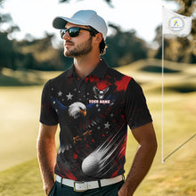 Load image into Gallery viewer, Man wearing a Red white blue American flag eagle mens golf polo shirt patriotic design with custom name on the chest, standing on a golf course