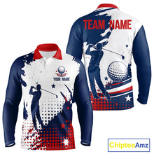 Load image into Gallery viewer, Front and back view of long sleeve Mens golf polo shirt American flag patriotic custom name white 