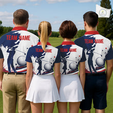 Load image into Gallery viewer, Four people wearing American flag patriotic graphic on mens white golf polo shirts with team name on the back
