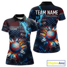 Load image into Gallery viewer, Front and back view of American Flag womens golf polo shirt custom name black with personalized name