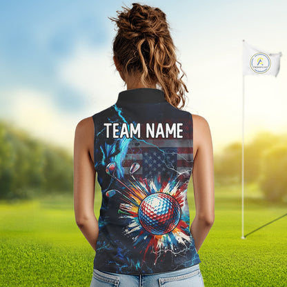 Back view sleeveless women golf polo black USA flag - personalized team name logo option available