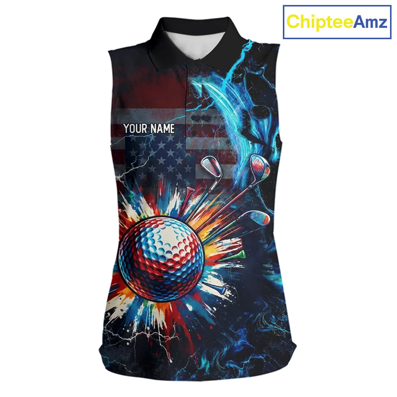Sleeveless women golf polo black with American Flag patriotic design - front view custom name