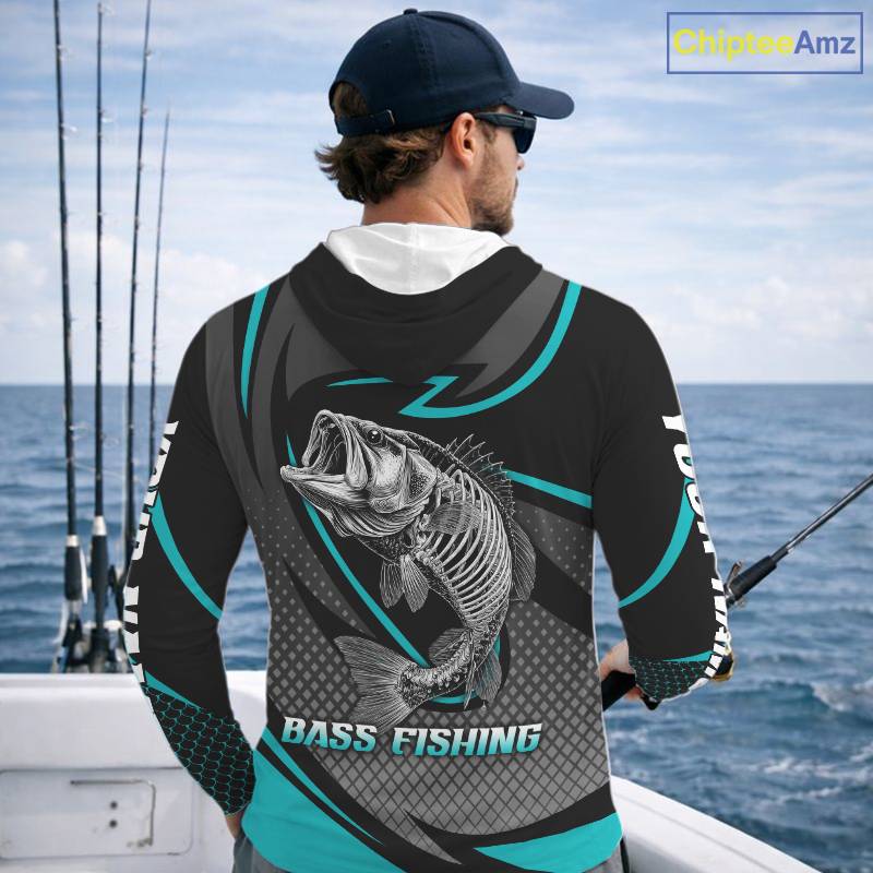 Personalized Bass Hooded Fishing Shirts Long Sleeve Fish Skeleton Custom Fishing Jersey NBT358