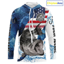 Load image into Gallery viewer, Blue Camo Bass Fishing American Flag Fishing Shirt, Bass Fishing Shirts Long Sleeve with Hood NBT458
