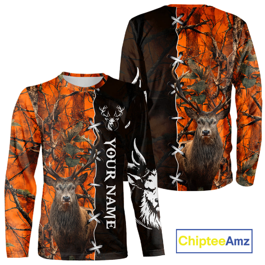 Orange Camo Deer Hunting Hoodie, Longsleeve Shirt for Red Deer Hunting Season, Hunter Gifts NBT11