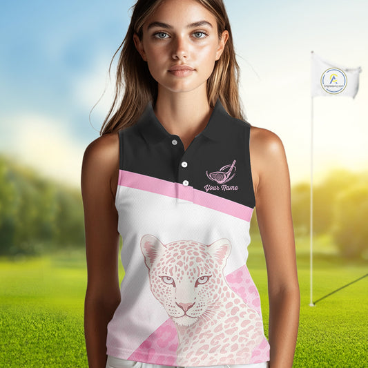 Leopard Womens Sleeveless Golf Polo Shirt Custom Pink Leopard Pattern Team Golf Tops, Golf Gifts NBT588