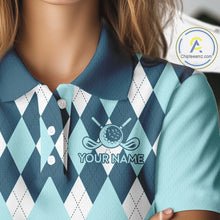 Load image into Gallery viewer, Blue Argyle Plaid Pattern Womens Golf Polo Shirt Custom Golf Polo Shirt For Ladies, Golfing Gifts NBT593