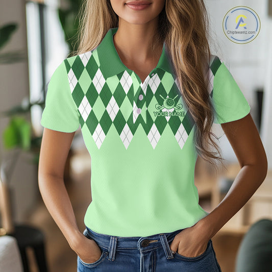 Green Argyle Plaid Pattern Womens Golf Polo Shirt Custom Golf Polo Shirt For Ladies, Golfing Gifts NBT594