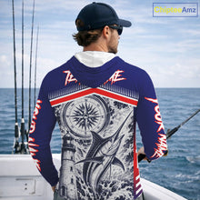 Load image into Gallery viewer, Angler wearing personalized Marlin blue long sleeve hooded performance fishing shirt on the boat - back view with personalized name