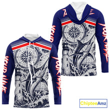 Load image into Gallery viewer, Front and back view of personalized Marlin blue long sleeve performance fishing shirt for tournaments with personalized name