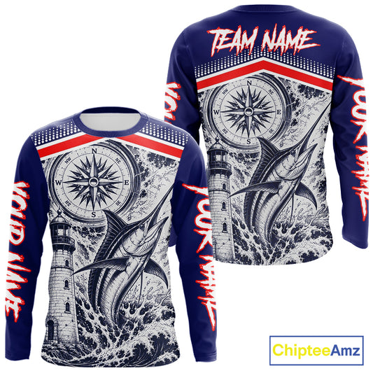 Front and Back view of personalized Marlin blue long sleeve performance fishing shirt for tournaments