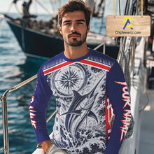 Load image into Gallery viewer, Angler wearing personalized Marlin blue long sleeve performance fishing shirt on the boat