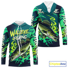 Load image into Gallery viewer, Front and back view of custom Walleye fishing green camo long sleeve hooded  fishing jersey for teams