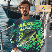 Load image into Gallery viewer, Angler wearing custom Walleye fishing green camo long sleeve shirt on the boat