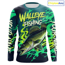 Load image into Gallery viewer, Front view of custom Walleye fishing green camo long sleeve fishing shirt with personalized name