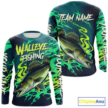 Load image into Gallery viewer, Font and back view of custom Walleye fishing green camo long sleeve fishing jersey for teams