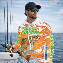 Load image into Gallery viewer, Big Brown Trout Fishing Shirt Long Sleeve Hooded Orange Camo Custom Name, Tournament Fishing Jerseys NBT410