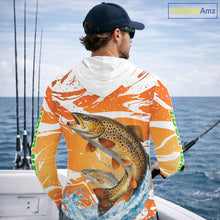 Load image into Gallery viewer, Big Brown Trout Fishing Shirt Long Sleeve Hooded Orange Camo Custom Name, Tournament Fishing Jerseys NBT410