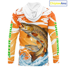 Load image into Gallery viewer, Big Brown Trout Fishing Shirt Long Sleeve Hooded Orange Camo Custom Name, Tournament Fishing Jerseys NBT410
