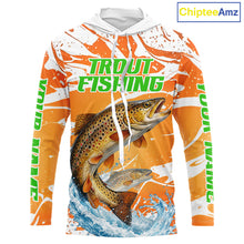 Load image into Gallery viewer, Big Brown Trout Fishing Shirt Long Sleeve Hooded Orange Camo Custom Name, Tournament Fishing Jerseys NBT410