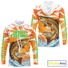 Load image into Gallery viewer, Big Brown Trout Fishing Shirt Long Sleeve Hooded Orange Camo Custom Name, Tournament Fishing Jerseys NBT410
