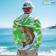 Load image into Gallery viewer, Big Brown Trout Fishing Shirts Long Sleeve Green Camo Custom Name, Tournament Fishing Jerseys NBT411
