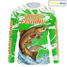Load image into Gallery viewer, Big Brown Trout Fishing Shirts Long Sleeve Green Camo Custom Name, Tournament Fishing Jerseys NBT411