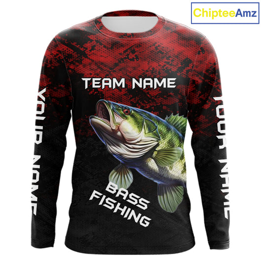 Personalized Largemouth Bass Hooded Fishing Shirts Red Camo Custom Name, Bass Fishing Shirts NBT466