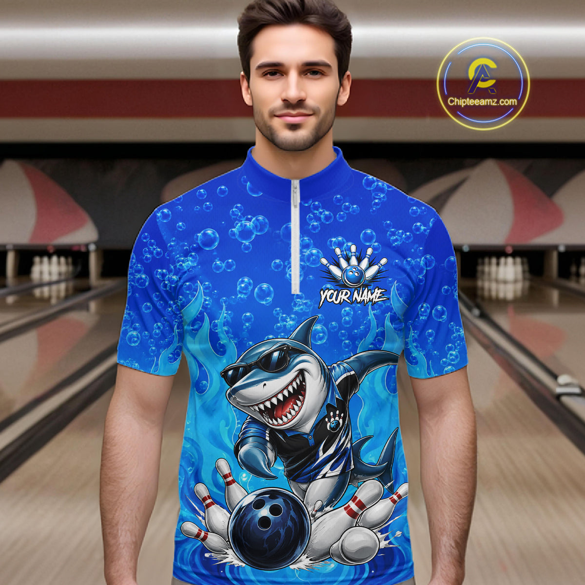 Custom Funny Blue Shark Bowling Polo Shirts For Men, Shark Bowling Team Shirt NBT981