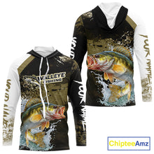 Load image into Gallery viewer, Green Camo Custom Walleye Fishing Shirt Long Sleeve Hooded, Walleye Fishing Jerseys NBT413