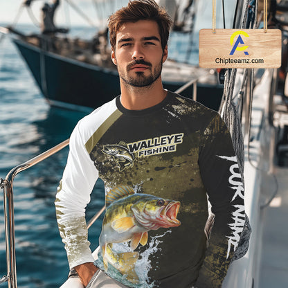 Green Camo Custom Walleye Fishing Shirts Long Sleeve, Walleye Fishing Jerseys NBT413