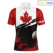 Load image into Gallery viewer, Canada Flag Patriotic Mens Golf Polo Shirt front view - red white Canada flag design, breathable polyester fabric, short sleeve Polo tailored fit, custom name shirt
