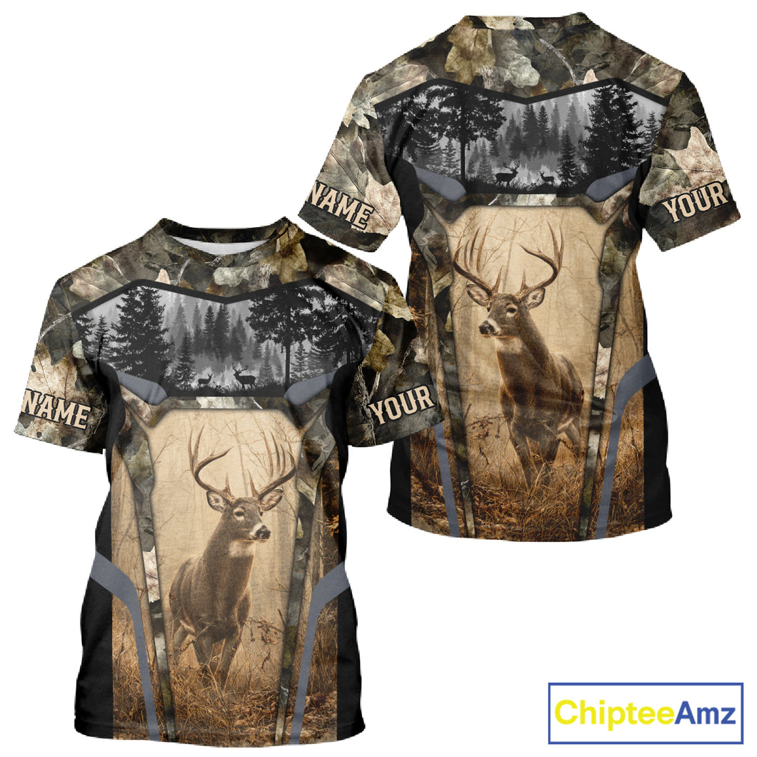 Personalized Whitetail Deer Hunting Forest Camo 3D Printed Shirts, Deer Hunting Camouflage Shirt NBT221