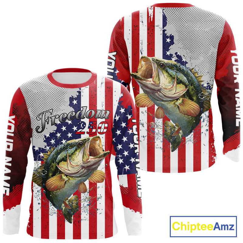 Freedom 250 Bass Fishing Shirts Long Sleeve American Flag Fishing, Custom Bass Shirts With US Flag NBT374