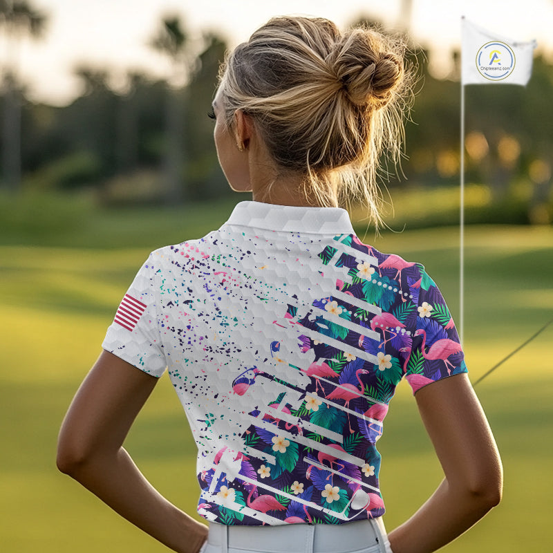 Flamingo Womens Golf Polo Shirts, Colorful Tropical Flamingo Pattern, Tropical Golf Shirt NBT477