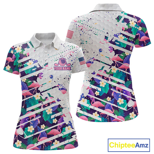Flamingo Womens Golf Polo Shirts, Colorful Tropical Flamingo Pattern, Tropical Golf Shirt NBT477