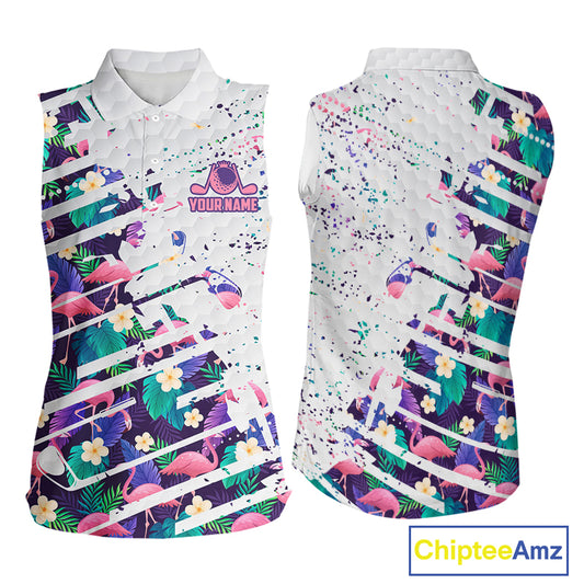 Women Sleeveless Flamingo Golf Polo Shirt, Colorful Tropical Flamingo Pattern, Tropical Golf Shirt NBT477
