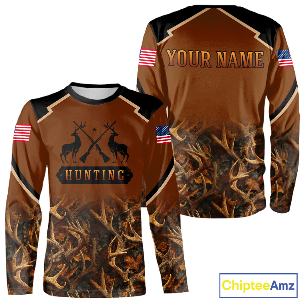 Brown Camo Deer Hunting Shirts with American Flag for Men, Hunting Gift Ideas for Hunters NBT223